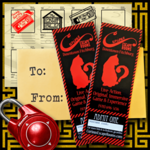 Two physical gift vouchers in an envelope with game stamps for "The Holiday Staff Party at the 90s Video Store," "The Dollhouse," and the "90s Video Store." A red compass lock is on the side. A black and gold maze is in the background.